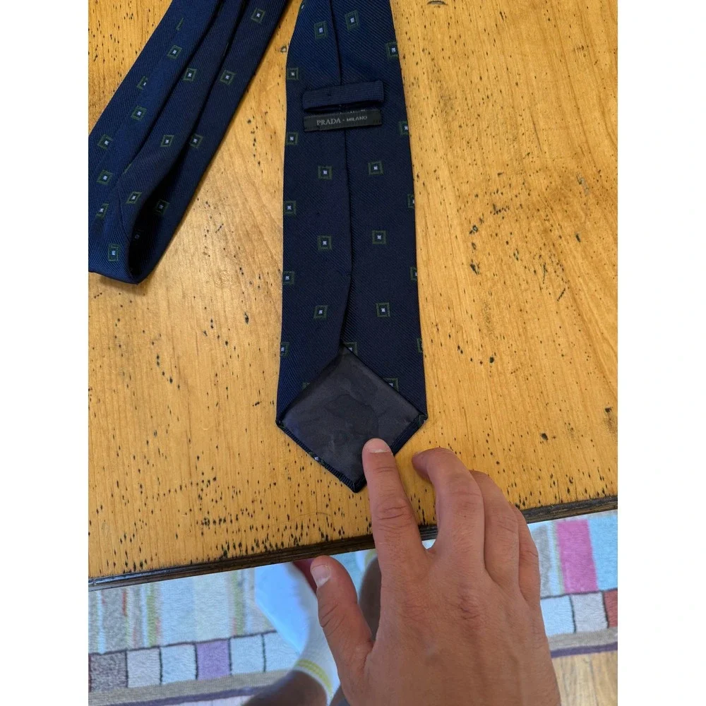 Prada Silk Tie Navy Blue Geometric Square Pattern Made in Italy Luxury Neckwear